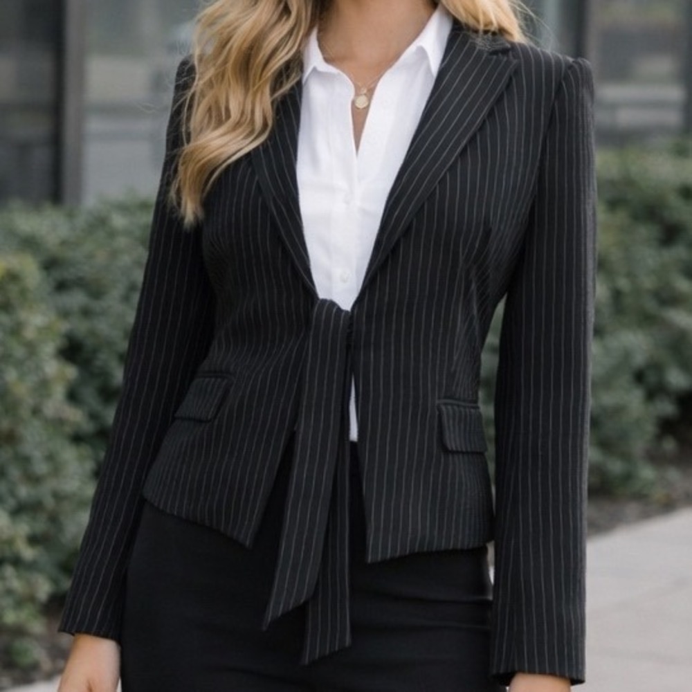 BCBGMAXAZRIA Black Pinstripe Front Tie Bow Y2K Cropped Blazer‎ Jacket Small Y1
